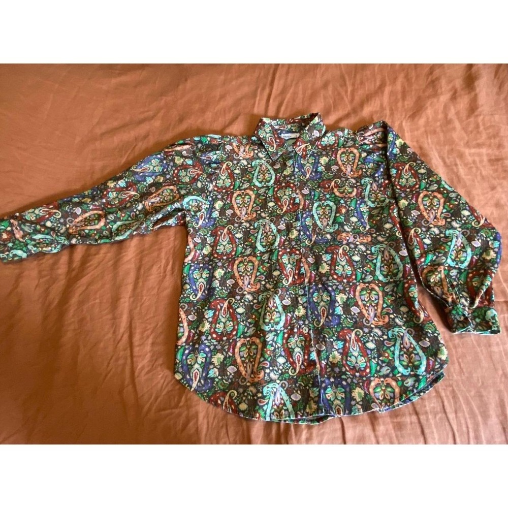 Frnch Paris Italy Shirt Button Up Paisley Cotton Crushed Corduroy Boho Large s61